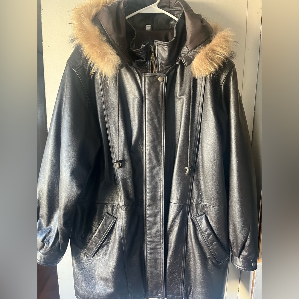 Women's Field Gear Black Leather Jacket with Faux Fur Hood